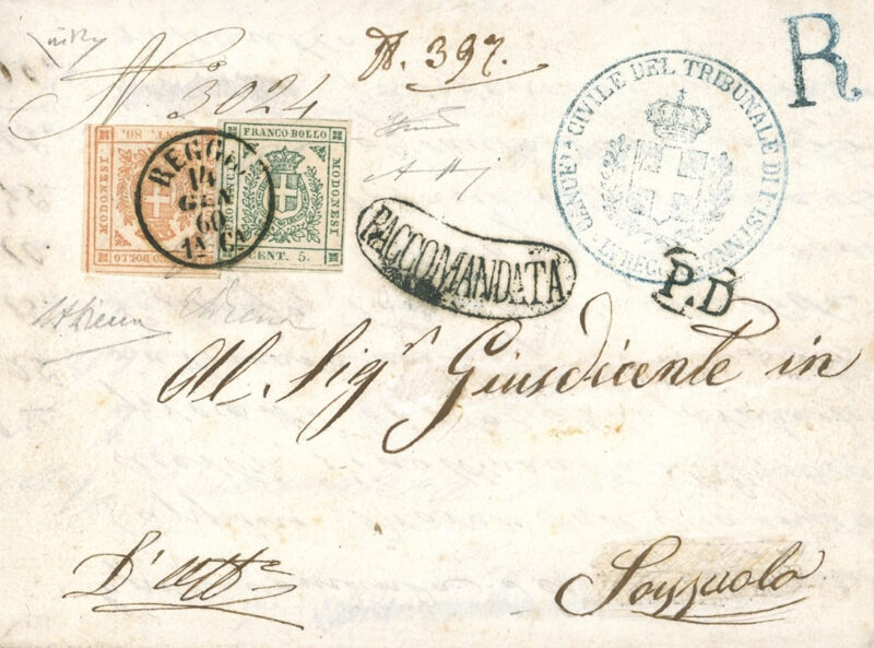 Lotto 126, Lettera raccomandata in tariffa triplo porto, da Reggio 14/1/1860 a Sassuolo. Stima 30.000-45.000 euro. Cambi Casa d'Aste