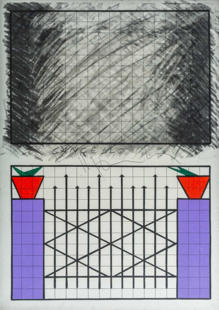 Aldo Mondino, Cancello, anni ‘60, Tecnica mista su tela, 70 x 50 cm, foto Claudio Grimaldi