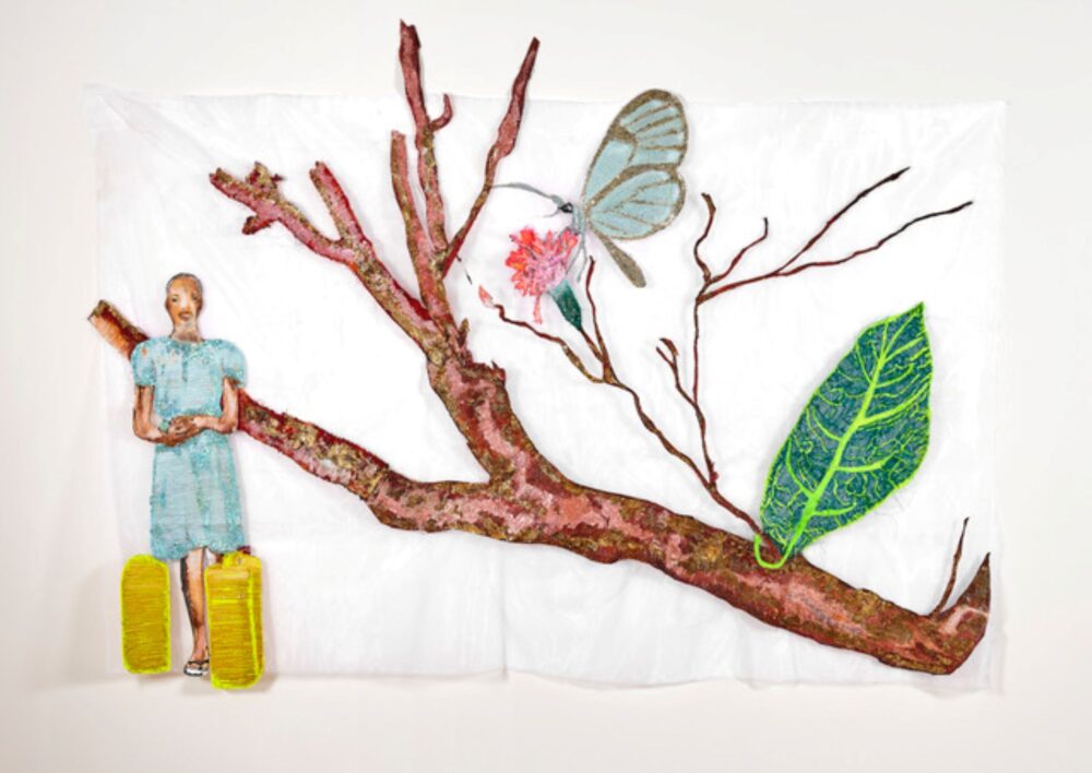 Guardiãs, 2025, ricami, paillettes, pigmenti naturali e stampa su crinolina, cm 154 x 244. Courtesy Ana Silva and A Gentil Carioca, Rio de Janeiro