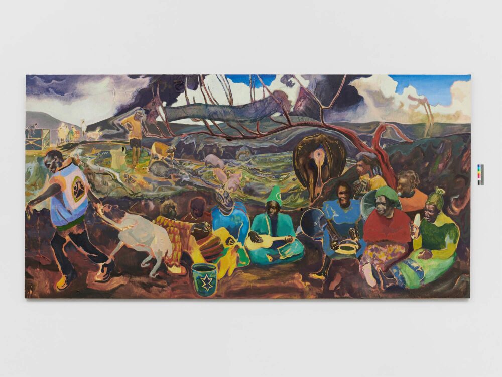 Michael Armitage, “Dandora (Xala Musicians)”, 2022. Olio su lubugo. Pinault Collection