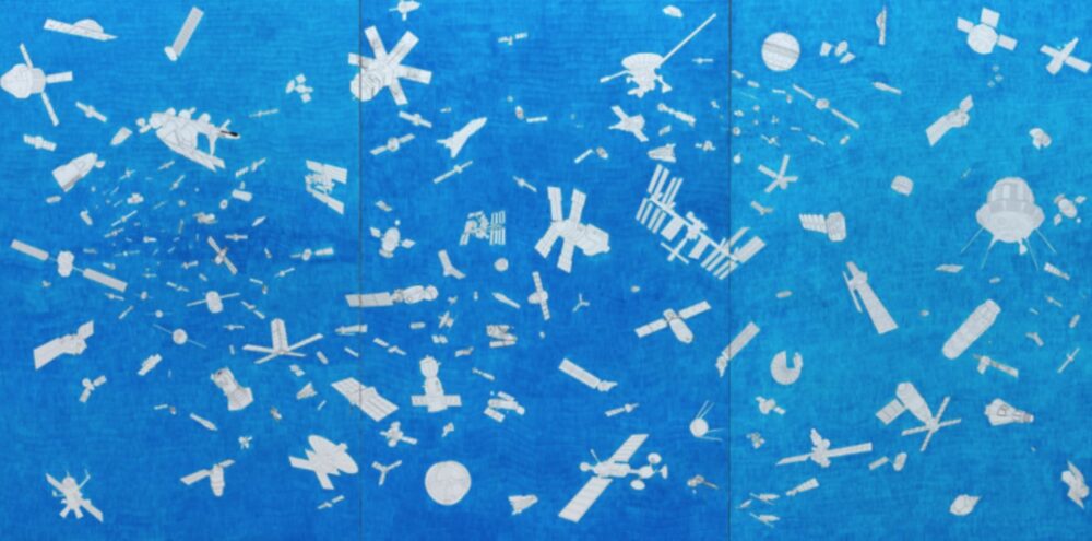 Sarah Ciracì, Yoke, 2022, bic pen on paper laid down on canvas, three panels, 145 x 291 cm.