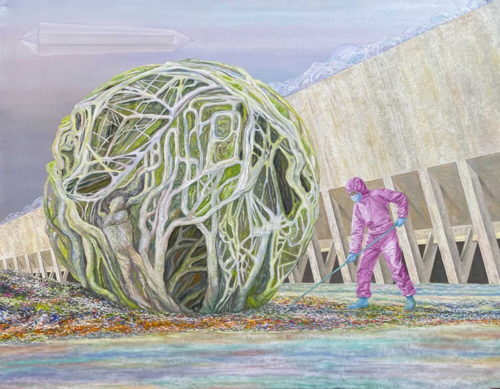 Taisia Korotkova, Growinga house, 2025, Olio su tela, 140 x 180 cm, foto Alexander Pogorzhelsky