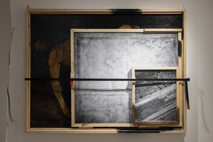 Jacopo Benassi, 1943, (2022), fine art photo prints, acrylic on canvas, artist frames, wooden clips, strap, 174 × 194 cm