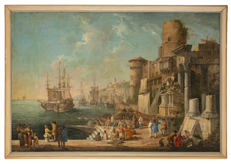 Lotto 228LUCA CARLEVARIJS (Udine, 1663-Venezia, 1730) Veduta di porto mediterraneo (1711-1712) Olio su tela, cm 98,5X146 Stima € 30.000-50.000 Wannenes