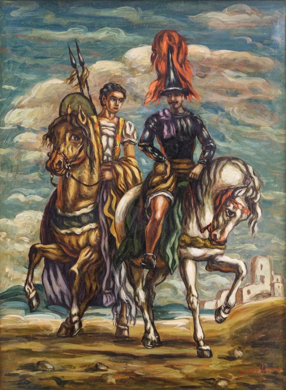 Lotto 127, Giorgio de Chirico, Cavaliere con scudiero, 1960. Stima 50.000-60.000 euro. Fidesarte