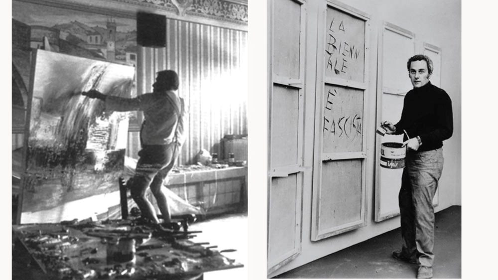 Da sinistra mattia Moreni nel suo studio e Gastone novelli alla Biennale di Venezia nel 1968