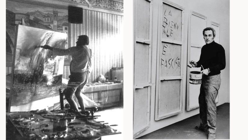 Da sinistra mattia Moreni nel suo studio e Gastone novelli alla Biennale di Venezia nel 1968