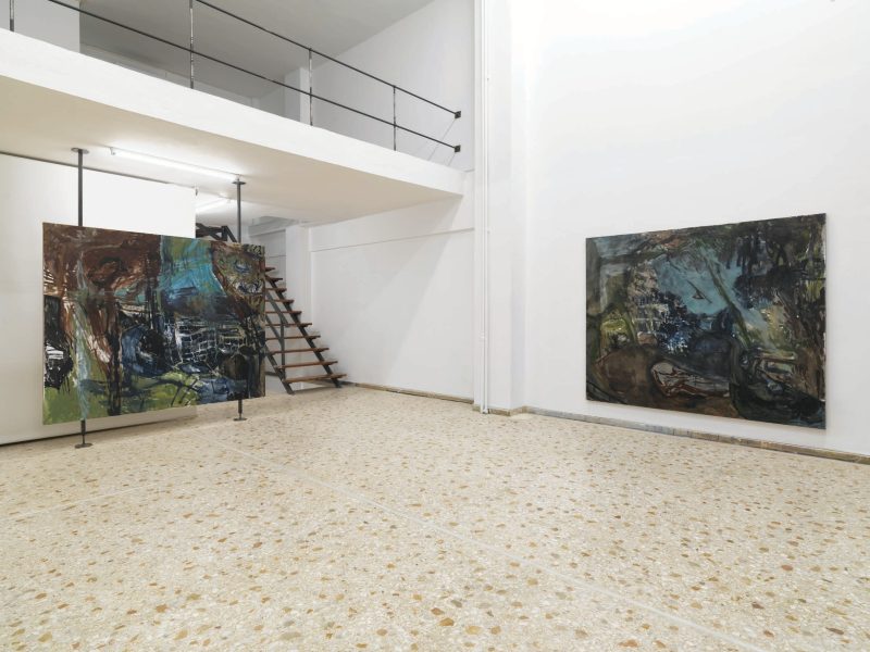 Eleni Tomadaki, Full moon, 2025, oil on linen, 180x210 cm (sinistra), Fall, 2025, oil on linen, 180x210 cm (destra)