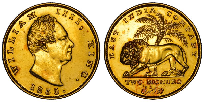 Lotto 1167, “India Britannica. William IV, 1830-1837. Doppio Mohur 1835, Calcutta, emissione della Compagnia delle Indie Orientali”. Aggiudicato a 32.500 euro. Cambi Casa d'Aste