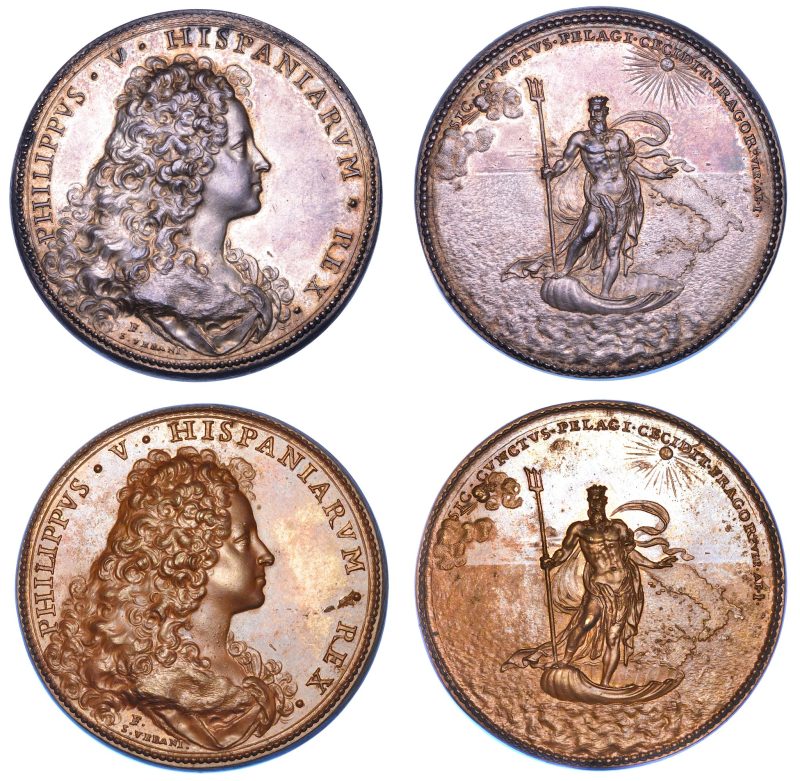 Lotto 1234, “Napoli. Filippo V di Spagna, 1701-1707. Dittico di medaglie in argento e bronzo del 1701. Pacificazione delle Due Sicilie”. Aggiudicato a 18.750 euro. Cambi Casa d'Aste