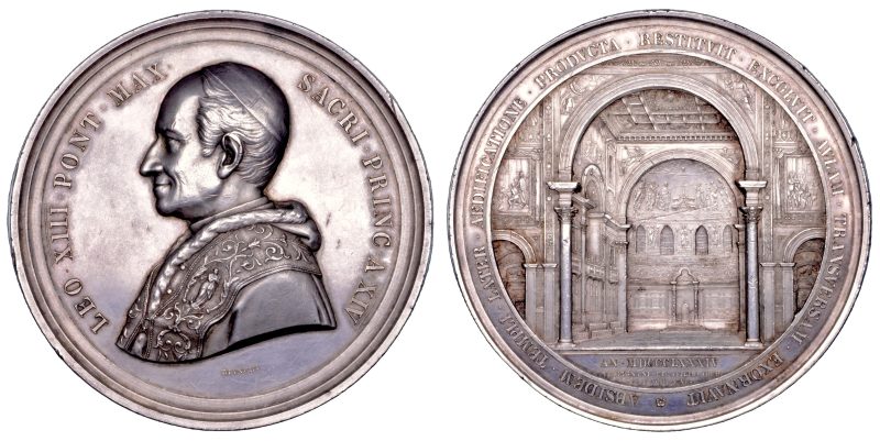Lotto 1682, medaglia in argento di Leone XIII del 1891, celebrativa della nuova abside della Basilica Lateranense. Stima 1.200-1.500 euro. Cambi Casa d'Aste