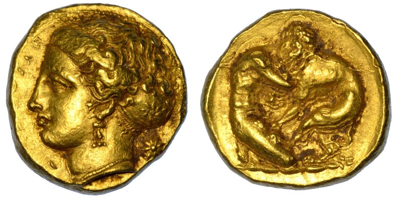 Lotto 21, doppio decadramma o 100 litre di Siracusa databile circa al 405-400 a.C. Stima 12.000-15.000 euro. Cambi Casa d'Aste
