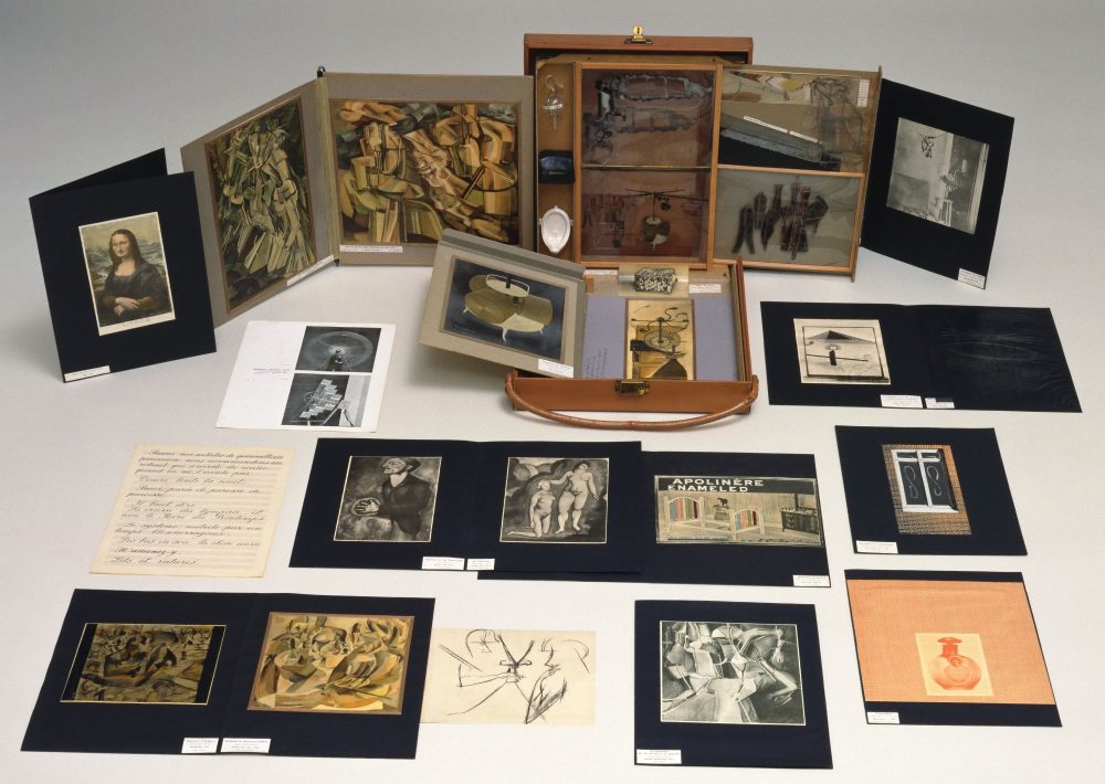 Marcel Duchamp, Box in a Valise (From or by Marcel Duchamp or Rrose Sélavy), 1935-41, Leather valise containing miniature replicas, photographs, color reproductions of works by Duchamp, and one “original” drawing, The Museum of Modern Art, New York 