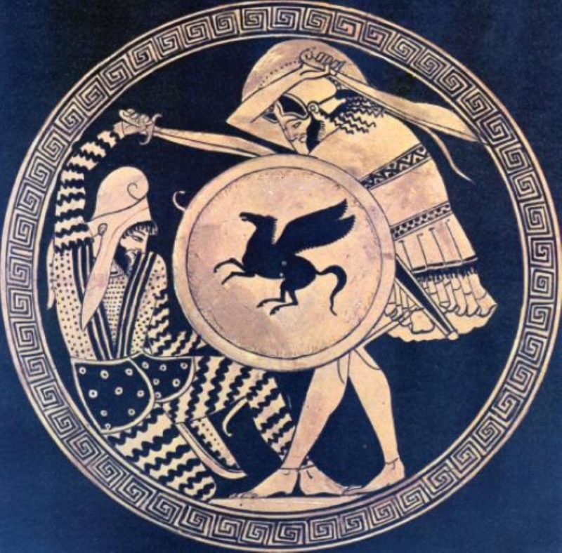 Pittore di Trittolemo. Combattimento fra un oplita e un persiano, pittura vascolare da una 𝑘𝑦𝑙𝑖𝑥 attica a figure rosse, V sec. a.C., Museo Archeologico Nazionale di Atene