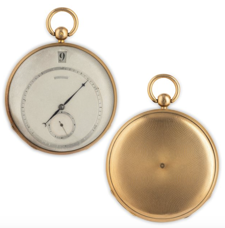Lotto 190ANONIMO Orologio da tasca in oro 18k, Salterello. Francia, 1819-1838 circa. Cassa con quadrante guilloché, Scappamento a cilindro, movimento Lepine. Diametro 52 mm AGGIUDICAZIONE: 8.275 euro Wannenes