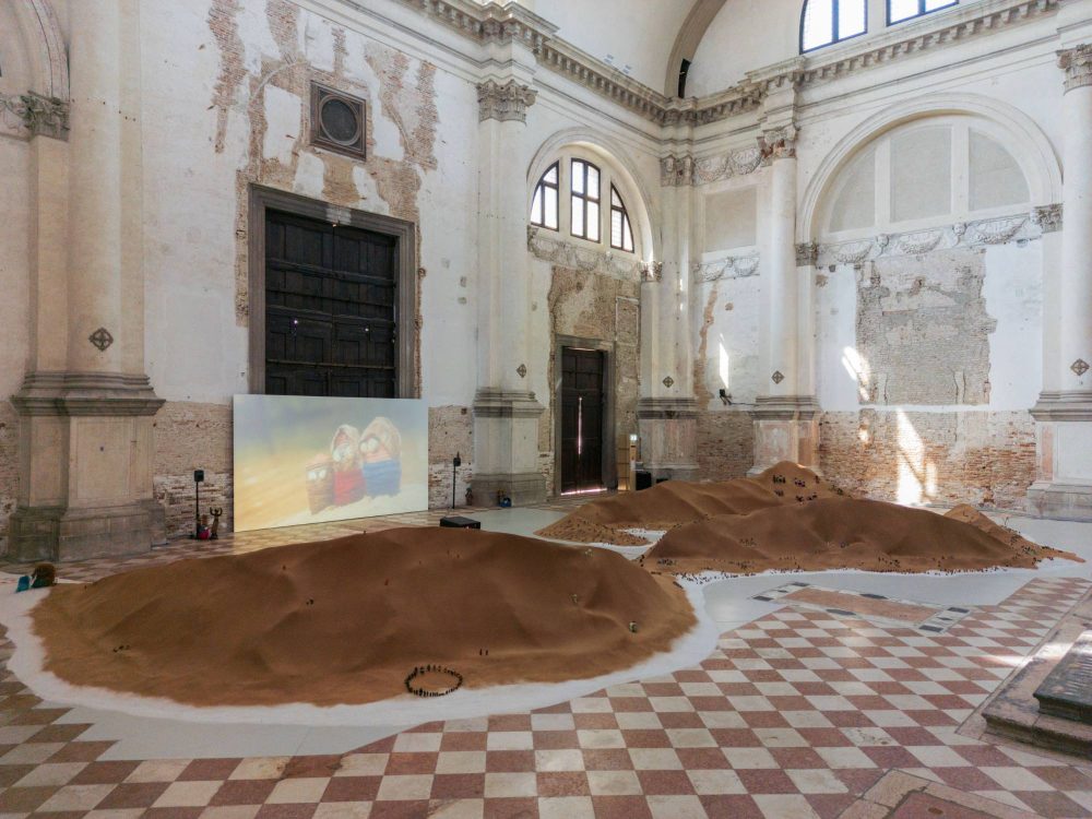 Repatriates Collective, “From My Mother’s Country”, 2026. Exhibition view of “Tide of Returns”, OceanSpace, Venice. Commissioned and produced by TBA21–Academy. Photo Jacopo Salvi
