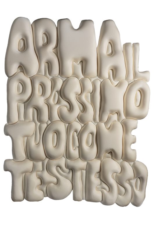 Mario Consiglio, Arma il prossimo tuo come te stesso, 2024, cit. Davide Banda. Cm 250 × 180. Lycra, gommapiuma, legno. Ph. Andrea Adriani. Courtesy of Spazio Rivoluzione (Palermo e Roma)