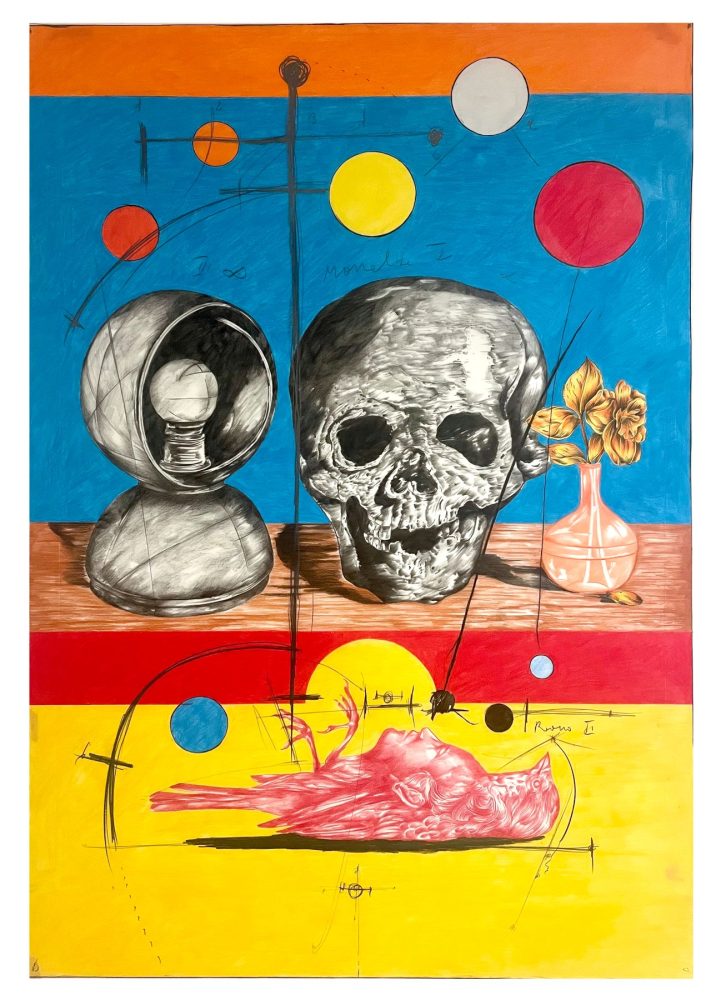 Fabrizio Cotognini, “Natura morta con eclisse e Sirena”, 2024, 120 x 160 cm. Crayon on dura-lar. Courtesy the artist and Building Milano