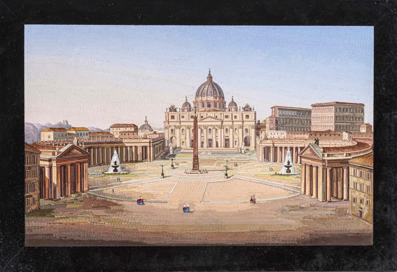 Lotto 307, Micromosaico raffigurante Piazza San Pietro, realizzato a Roma nella seconda metà del XIX secolo e riferibile all’ambito di Cesare Roccheggiani, stima di 15.000-20.000 euro. Cambi Casa d'Aste