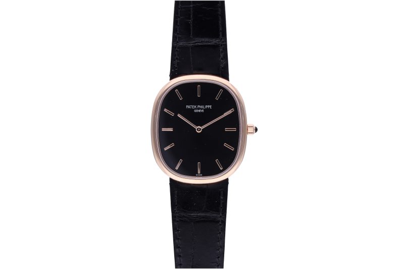 Lotto 73, Patek Philippe Golden Ellipse in oro rosa con movimento automatico calibro 240, cinturino in pelle e fibbia ad ardiglione in oro rosa, a partire da 20.000 euro. Affide