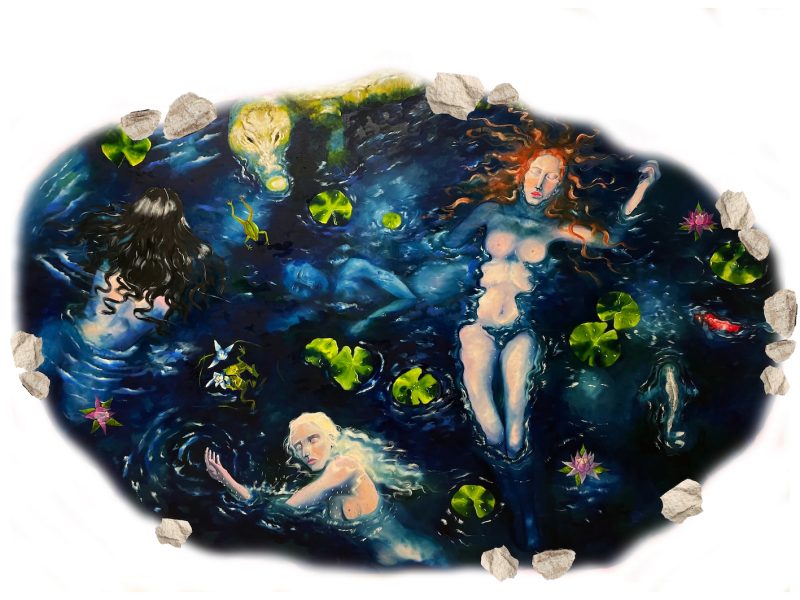 Rachele Frison, Sorelle Acqua, Olio e pastelli morbidi su tela, 300 × 290 cm, 2026