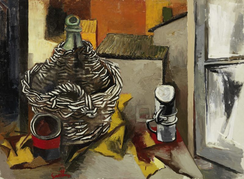 Renato Guttuso, Damigiana e case, 1961, olio su tela. Farsettiarte Cortina d'Ampezzo