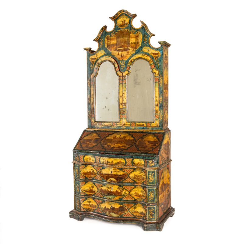 Lotto 130CASSETTONE A RIBALTA CON ALZATA IN LEGNO DIPINTO E LACCATO AD ARTE POVERA, XVIII SECOLO Interamente decorato con paesaggi e figure entro grandi cartouches, base a tre cassetti in fronte mosso e anta calatoia con scarabattolo interno, alzata con timpano architettonico e due ante a specchi; difetti, la decorazione esterna di epoca successiva, quella interna forse coeva al mobile, restauri, alcune sostituzioni nell'alzata e timpano rifatto in epoca posteriore. Cm 240X112X60 (alzata prof. cm 25). Aggiudicazione: € 12.650 Wannenes