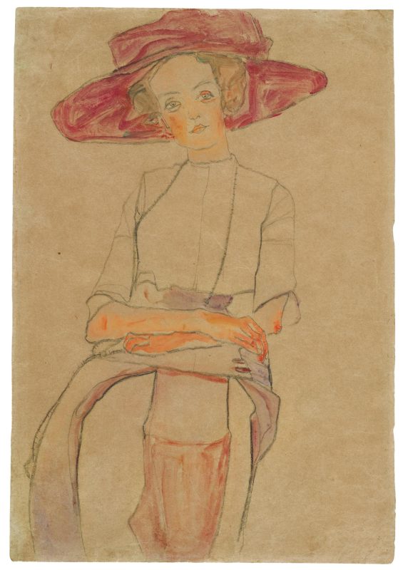 Egon Schiele (Tulln 1890–1918 Vienna), Ragazza seduta con cappello rosso, 1910, acquerello e carboncino su carta, 44,6 x 30,8 cm, prezzo realizzato € 474.500. Copyright Dorotheum