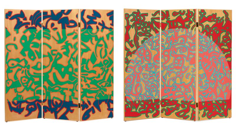Carla Accardi (Trapani 1924–2014 Roma), Fonda notte (lato a.) - Pieno giorno (lato b.), 1986, firmato sul lato a., paravento in legno a tre elementi, vinile su legno, 170 × 180 cm, prezzo realizzato € 520.000, record mondiale. Copyright Dorotheum