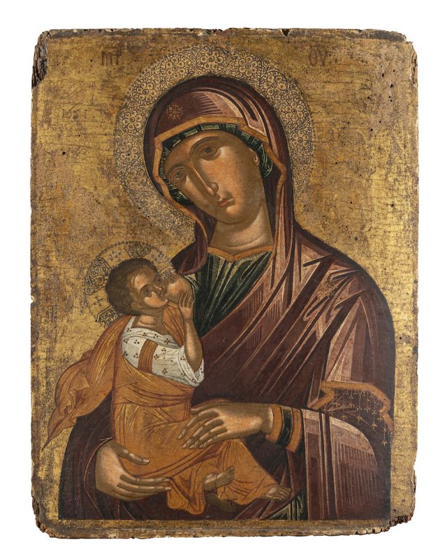 Lotto 211Icona cretese raffigurante la Vergine allattante, fine del XV secolo Tempera su tavola; restauri e mancanze. Cm 50x39. Aggiudicazione: € 25.150 Wannenes