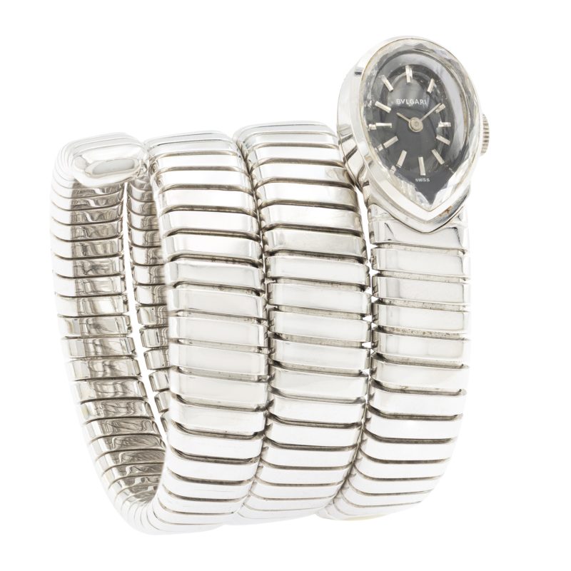 Asta n. 152 del 14 maggio 2026 Lotto 59 Bulgari Tubogas Serpente, orologio da donna Vintage Collection, anni Sessanta, in oro bianco 18kt, con movimento Jaeger-LeCoultre. Stima: € 10.000 – 15.000 Prezzo di aggiudicazione (diritti inclusi): € 57.900 Colasanti Casa d'Aste