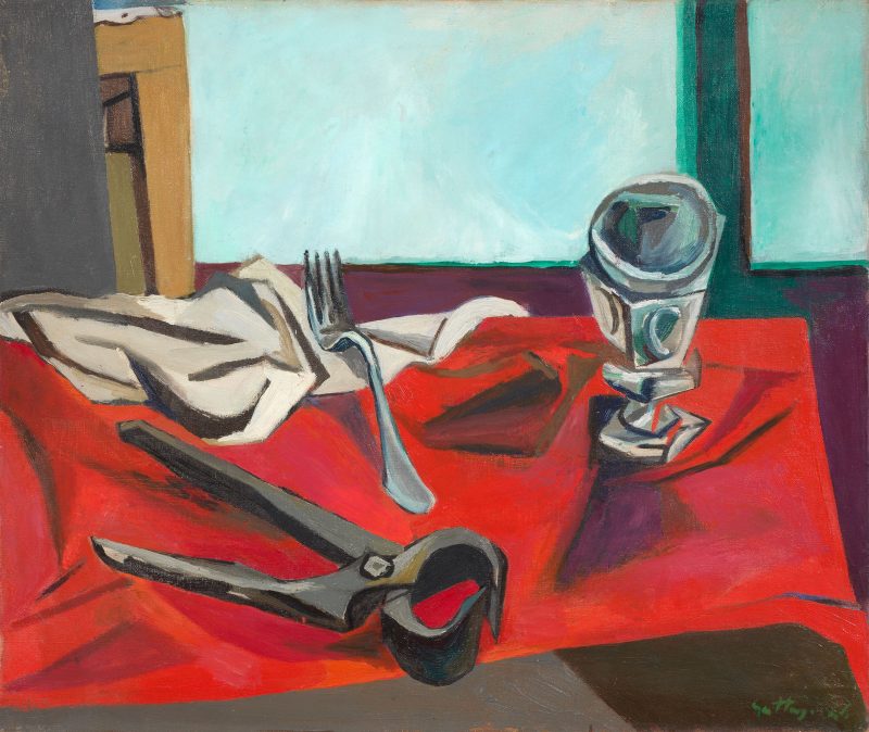 Renato Guttuso, Forchetta, bicchiere e tenaglia, 1946, olio su tela. Farsettiarte Cortina d'Ampezzo