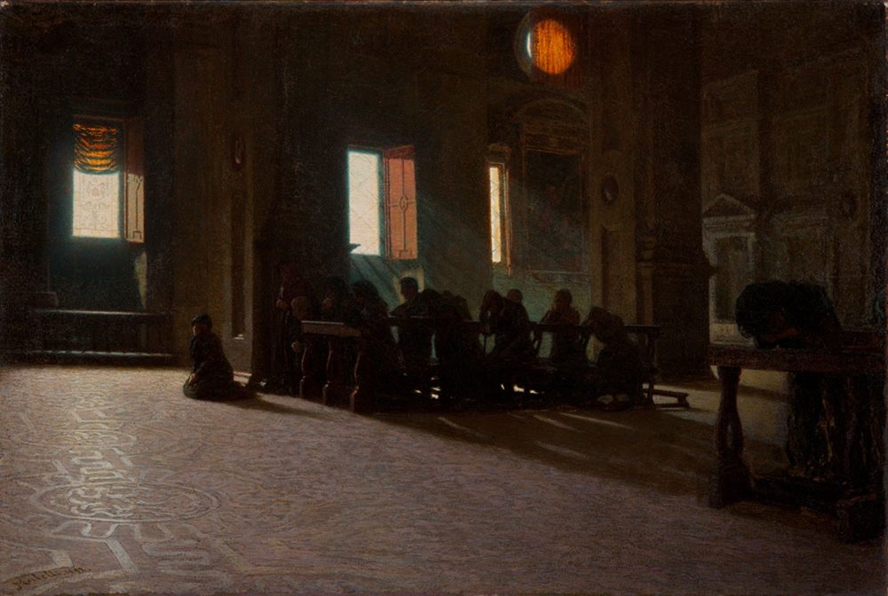 Angelo Morbelli, Credenti, 1892, olio su tela, cm 80 x 120, Pinacoteca Divisionismo, Tortona