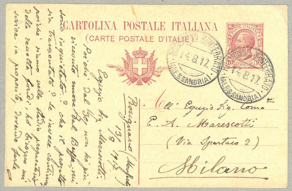 Cartolina postale di Angelo Morbelli a Ercole Arturo Marescotti, 13 agosto 1917, CS 1.8, Inventario Fondo Angelo Morbelli