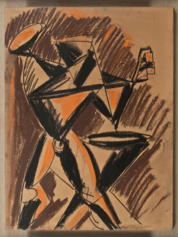Guerriero, carboncino e pastelli su cartone, cm 65 x 49, 1957-1958, firmato “Mastroianni”