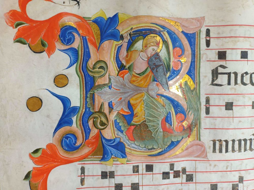 Museo di San Marco, Comune dei Santri B, Iniziale B con l'Arcangelo Michele e il drago, c 91 v, XIV secolo