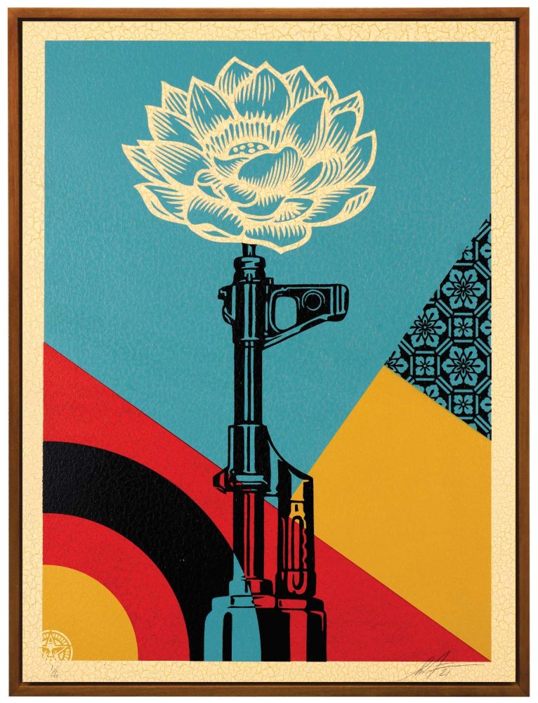 Shepard Fairey (Obey), AK-47 Lotus, Silkscreen on Wood Panel, 2021, 46x61 cm