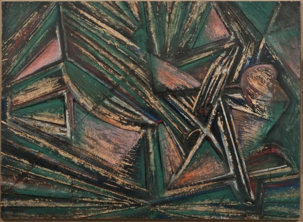 Umberto Mastroianni, Senza titolo (“Cattedrale”, comunicazione orale dell’autore), bassorilievo su cartone operato e dipinto a olio e tecnica mista, cm 97 x 68, firmato in basso al centro