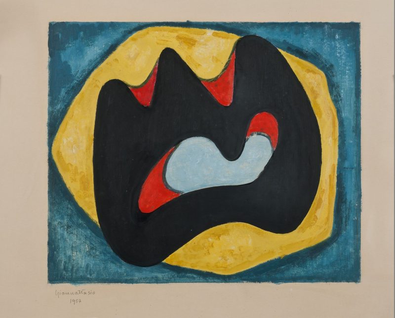 Ugo Giannattasio, Quadro astratto, olio/tempera su tela, cm 51 ½ x 59, firmato e datato “Giannattasio 1957”, sul retro “Galerie Simon Heller 33, Rue de Seine, Paris 6° Tel. Danton 89-62”, autografo “All’amico Giorgio Tazartes con affetto Giannattasio”