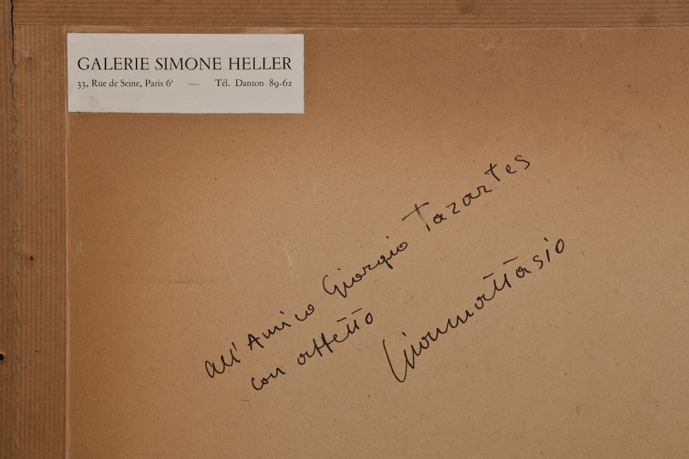 Ugo Giannattasio, Quadro astratto, olio/tempera su tela, cm 51 ½ x 59, firmato e datato “Giannattasio 1957”, sul retro “Galerie Simon Heller 33, Rue de Seine, Paris 6° Tel. Danton 89-62”, autografo “All’amico Giorgio Tazartes con affetto Giannattasio”