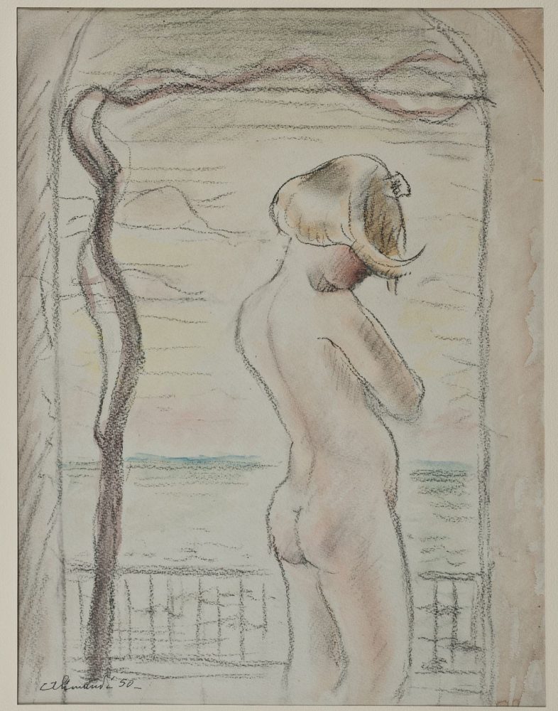 Enrico Allimandi, Senza titolo [Figura di bambina], pastello su cartone, cm 50 x 38, firmato e datato “Allimandi 50”