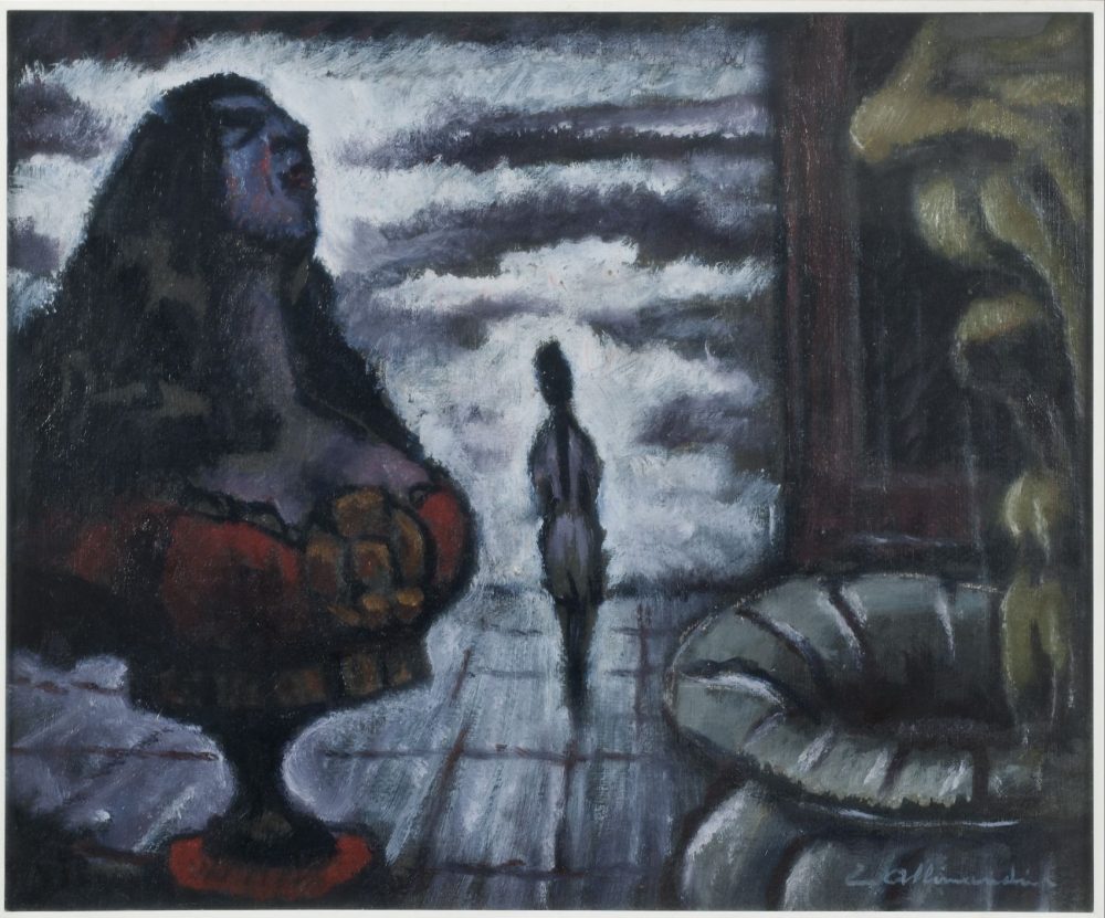 Enrico Allimandi, Senza titolo, olio su tela, cm 50 x 60, firmato e datato sul retro “Al carissimo amico Giorgio Tazartes vivamente 29-5-1959”