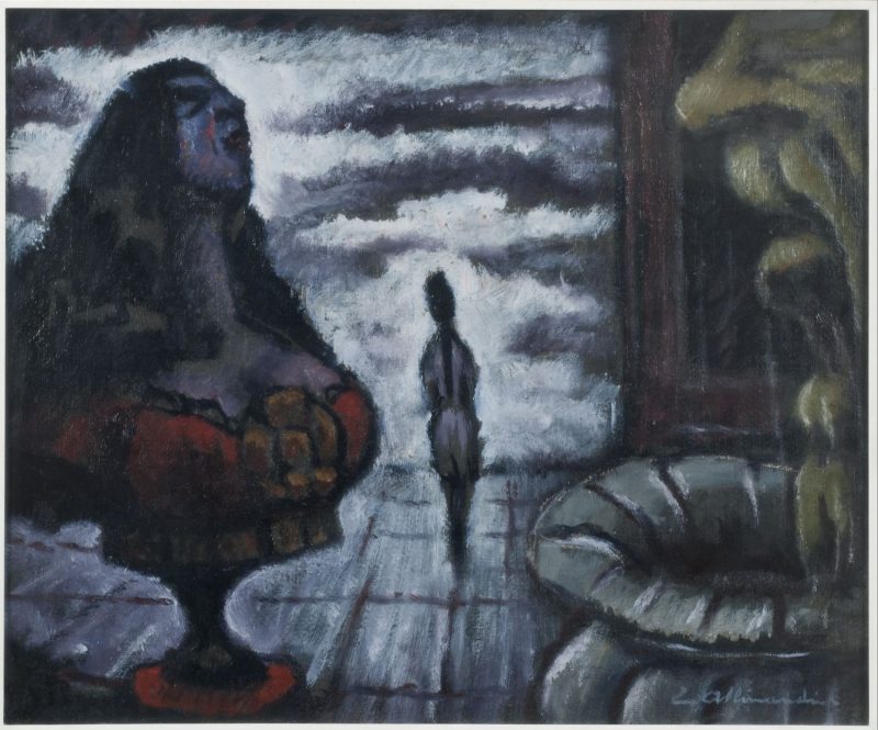 Enrico Allimandi, Senza titolo, olio su tela, cm 50 x 60, firmato e datato sul retro “Al carissimo amico Giorgio Tazartes vivamente 29-5-1959”