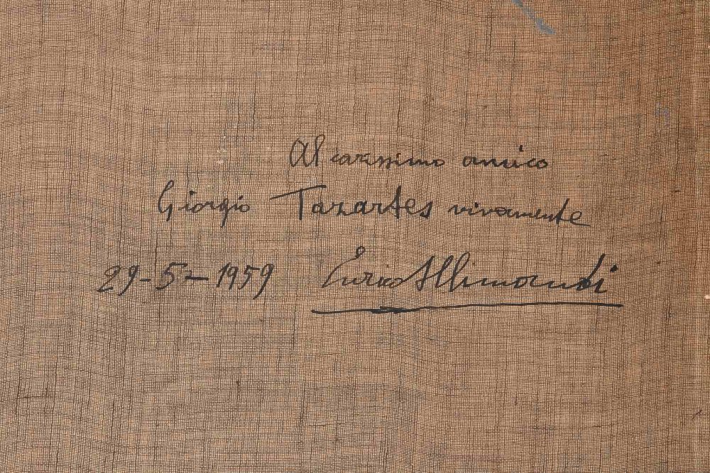 Enrico Allimandi, Senza titolo, olio su tela, cm 50 x 60, firmato e datato sul retro “Al carissimo amico Giorgio Tazartes vivamente 29-5-1959”, retro