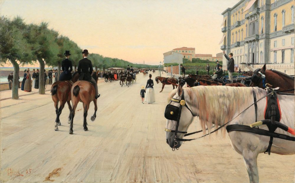 Luigi Gioli , Via del passeggio a Livorno (Hotel Palazzo),1885, olio su tela, cm. 50,5 x 80,5