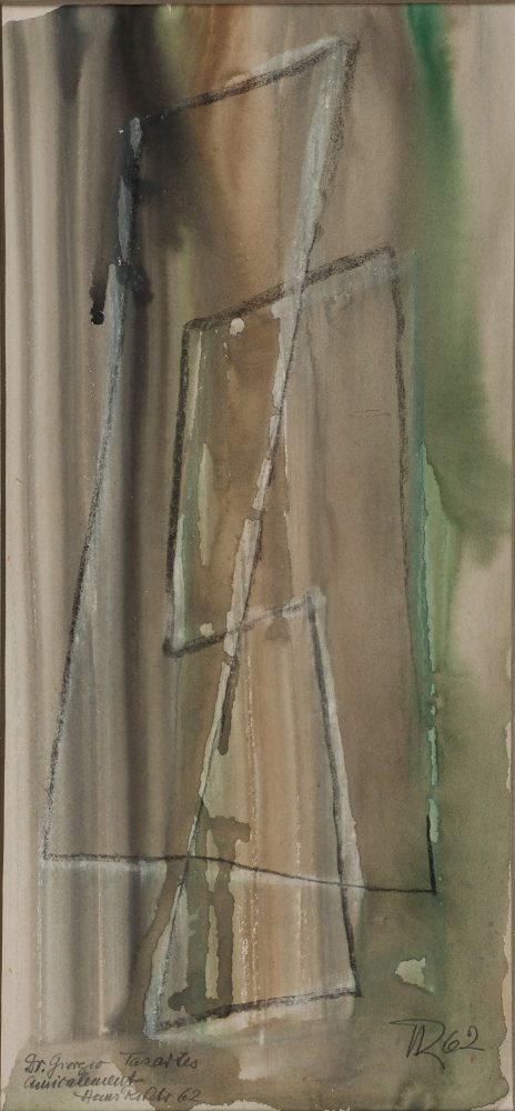 Hans Richter, Senza titolo, tecnica mista, cm 45x 21, firmato e datato in basso a destra “Dr. Giorgio Tazartes amicalment Hans Richter 62”