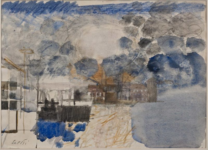 Bruno Saetti, Paesaggio grigio, acquerello su carta, cm 23 ½ x 32, firmato “Saetti”, prima del 1963, sul retro in un’etichetta “Associazione Piemonte Artistico e Culturale (Galleria d’Arte, via Roma 260 Torino), Serie de “I Maestri della Pittura Italiana” Mostra personale di Bruno Saetti dal 16 febbraio al 5 marzo 1963 “Paesaggio grigio”, n. di catalogo (a), Piemonte artistico e culturale. Firma del Segretario. [recto]