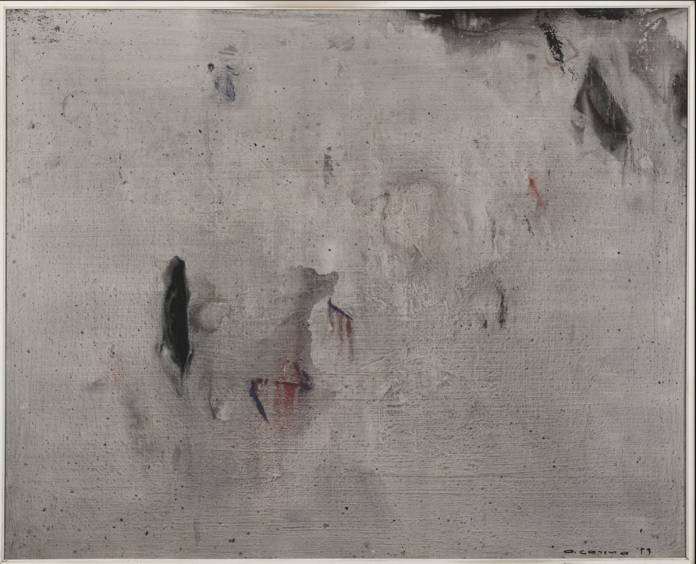 Antonio Carena, Cielo LXI, olio (o tecnica mista) su tela cm 79 x 98, firmato e datato “A. Carena 59", sul retro titolo “Cielo XVI” “Antonio Carena Rivoli Torinese, via Rombò 14”