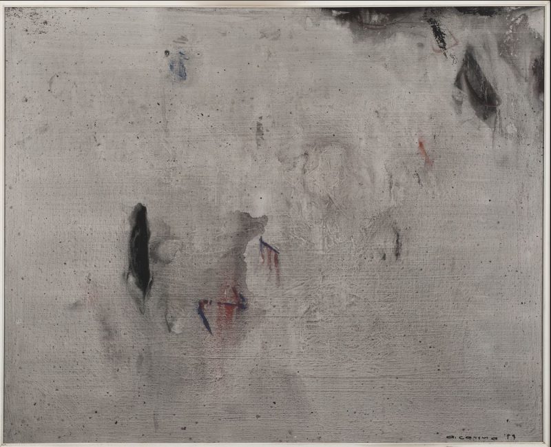 Antonio Carena, Cielo LXI, olio (o tecnica mista) su tela cm 79 x 98, firmato e datato “A. Carena 59", sul retro titolo “Cielo XVI” “Antonio Carena Rivoli Torinese, via Rombò 14”
