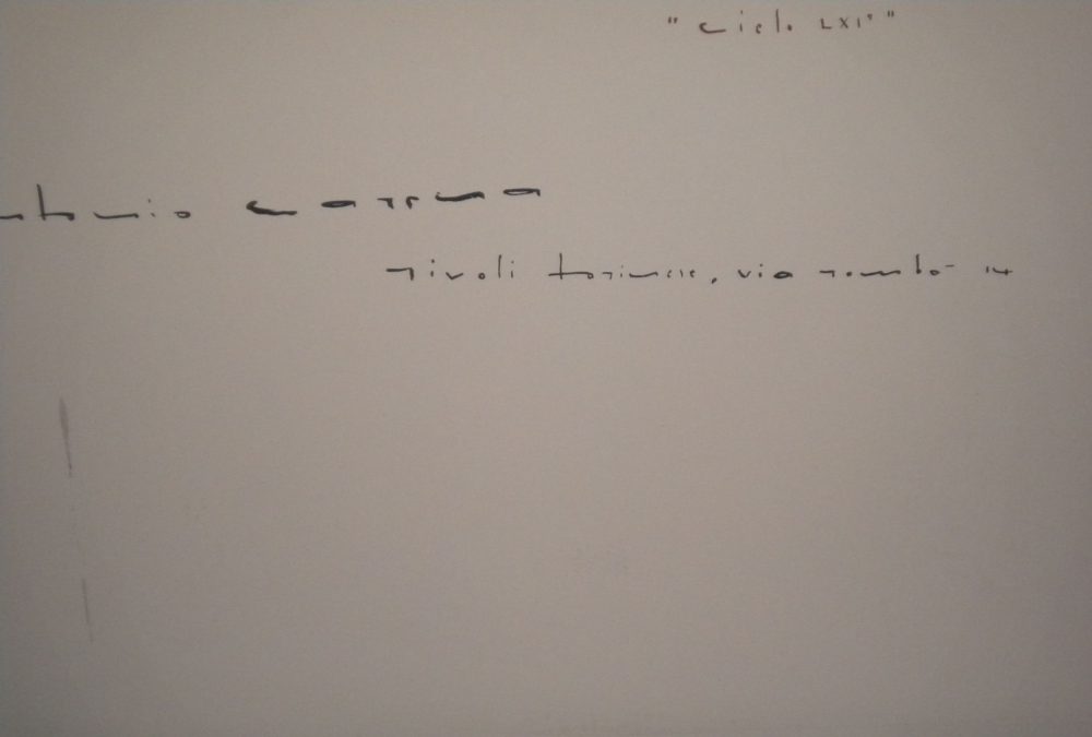 Antonio Carena, Cielo LXI, olio (o tecnica mista) su tela cm 79 x 98, firmato e datato “A. Carena 59", sul retro titolo “Cielo XVI” “Antonio Carena Rivoli Torinese, via Rombò 14”, verso